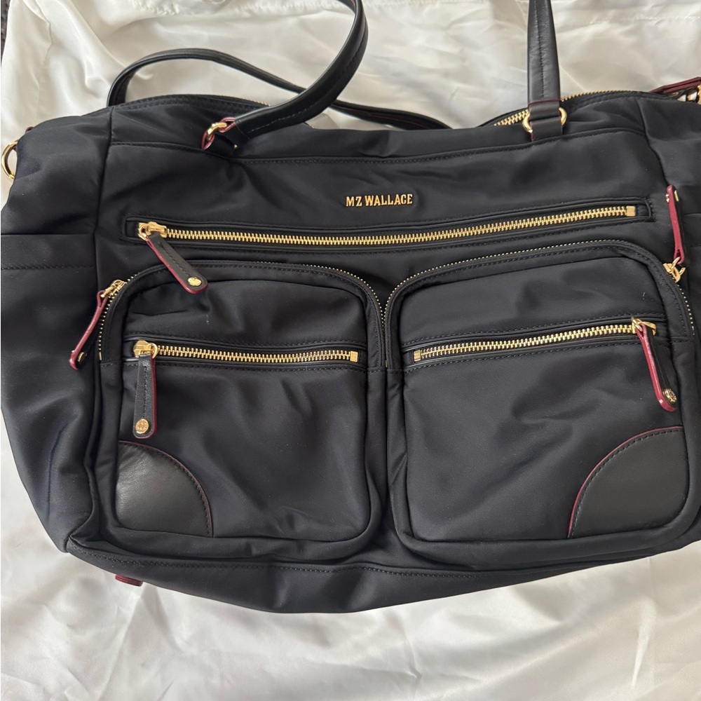 MZ Wallace Black Nylon Tote with Gold Hardware and Red Trim